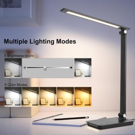 Semlos LED Desk Lamp with USB Charging Port, 25 Lighting Modes, Touch Control Light, Eye-Caring Night Light with Study Reading Mode, Bedside Table Lamp for Home Office Work (2 Packs)