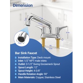 12 inch Swivel Spout & Dual Lever Handles, Commercial Bar Sink Faucet，4 inch 2Hole Deck Mount, Brass Constructed & Chrome Polished