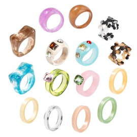 15PCS Colorful Resin Rings for Women Girl, Trendy Chunky Acrylic Rings, Cute Aesthetic Rhinestone Rings, Statement Plastic Rings Finger Knuckle Y2K Rings Jewelry