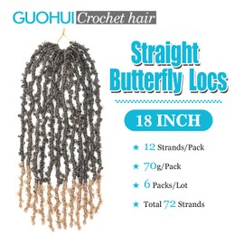GUOHUI Butterfly Locs Crochet Hair 18 Inch Ombre Honey Blonde 6 Packs All Handmade Pre Looped Soft Distressed Faux Locs Braids for Women Kids (18", T27)