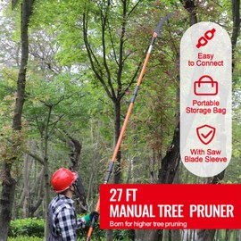 Happybuy Manual Pole Saw, 7.3-27 ft Extendable Tree Pruner with Sharp Steel Blade, Lightweight 8 ft Fiberglass Handles