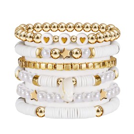 Frgofl 6Pcs Surfer Heishi Friendship Bracelets Set Stackable Stretch Clay Bead Bracelets for Women Preppy Elastic Layering Bracelets Boho Aesthetic Summer Beach Jewelry