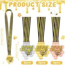 Remuuly 6 Pcs Spelling Bee Honeycomb Medals Gold, Silver, Bronze Spelling Bee Award Medals with Neck Ribbon for Kids Adults Competitions Trophy Party Supplies, 3.2 x 2.8 Inches