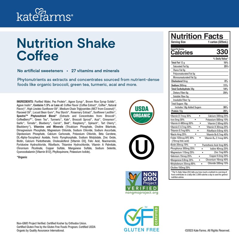 KATE FARMS Organic Nutrition Shake, Coffee, 16g protein, 27 Vitamins
