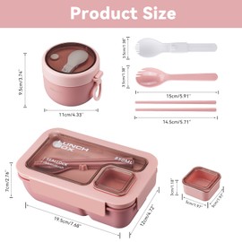 Nymblis Bento Lunch Box Adults, Bento Box Set with Cutlery, Lunch Bag, Oats Container, Leakproof Food Storage Container with Compartments, Lunchbox for Kids, School, Office, Picnic(Pink)