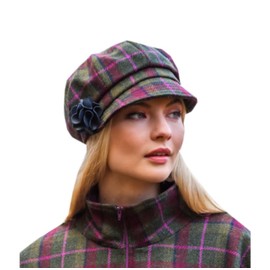 Mucros Weavers Ladies Irish Wool Newsboy Cap (Green, Pink Check)
