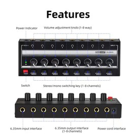 Headphone Amplifier,8-Channel Headphone Amp with 8 Stereo/Mono Switch,6.35mm Jacks,Portable Mini Headphone Splitter for Sound Mixer, Metal