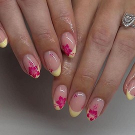 Yellow French Press on Nails Short Almond ZWENJIE Summer Fake Nails Nude False Nails with Red Flowers Design Full Cover Gel Acrylic Nails Glossy Glue on Nails for Women 24 Pcs