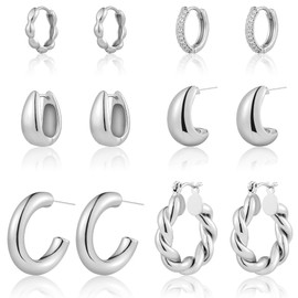 HILXURY 6 Pairs Gold Hoop Earrings for Women, 14K Gold Plated Chunky Huggie Hoop Earrings Set Hypoallergenic, Lightweight Twisted Open Hoops Jewelry for Christmas/Birthday Gifts. (Silver)