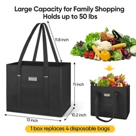 BALEINE 3Pk Reusable Grocery Bags, Foldable Shopping Bags for Groceries with Reinforced Bottom & Handles (Black)