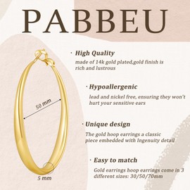 PABBEU Gold Hoops Earrings for Women Hypoallergenic Large 14k Gold Hoops Big gold hoop earrings 5mm Width Lightweight Gold Earrings Hoops for Women Girls 30/50/70mm