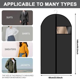 6 PCS Garment Covers, 60 x 140cm Dust-proof Clothes Covers, Moth Proof Coat Bag with Zip, Translucent Waterproof Anti-mite Breathable Suit Protector for Wardrobe Storage, Travel (All Black)