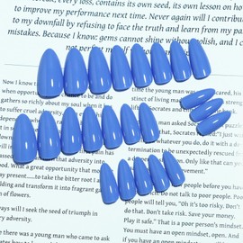 Press on Nails Almond Blue Fake Nails Medium, Solid Color Nails for Women Glossy Spring Summer Styles Reusable | 12 Sizes - 24 Nail