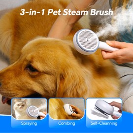 3-in-1 Pet Steam Brush for Dogs and Cats, Shedding & Grooming Comb for Long and Short Hair, Hair Removal with Spray and One-Click Release