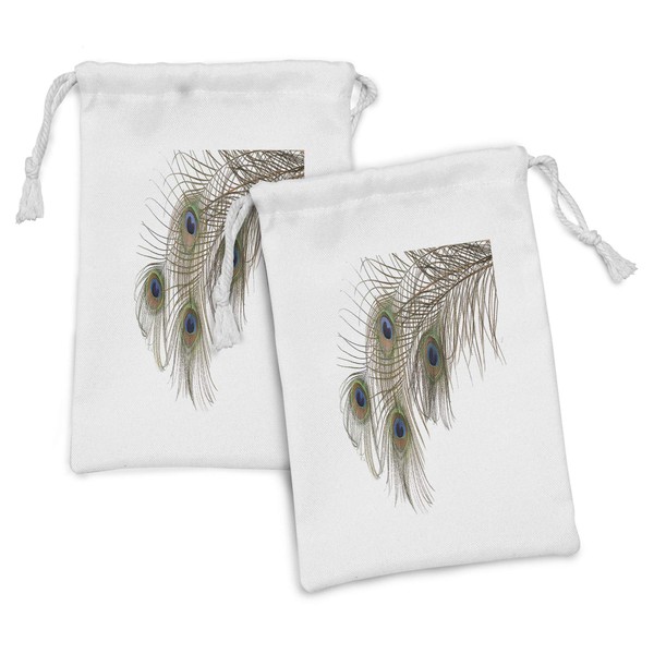 Lunarable Peacock Fabric Pouch Set of 2, Feather of Peacock