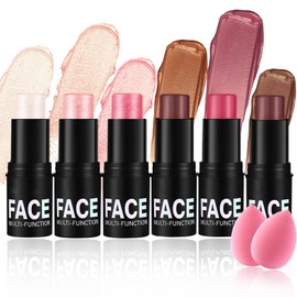 6PCS Cream Blush Sticks,Multi-Use Sticks for Blush,Highlighter & Bronzer Contour,Natural Matte & Glitter Finishing Contour Stick,Waterproofing Face Makeup Stick Set with Makeup Sponge