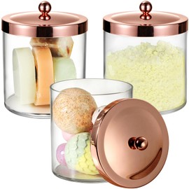 SheeChung 3 Pack 50 Oz Large Apothecary Jar with Metal Lid, Plastic Containers Canisters with Stickers Spoons, Bathroom/Laundry/Kitchen/Pantry Vanity Countertop Storage Organizer Decor(Rose Gold)