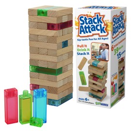 Funwares Wooden Blocks Stacking Game, Tumbling Tower and Balance Game, Family & Party Fun, Game for Kids and Adults, Ages 6+, Stack Attack- Add a Beverage Twist to Stacking Games