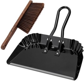 17In Extra Large Dust pan and Brush Set,Commercial Heavy-Duty Dust Pans and Wood Broom,Clip on Dust Pan Metal Edge Flat Against Floor for Patio/Pet/Car/Outdoor-Rubber Coated Easy to Grasp Handle