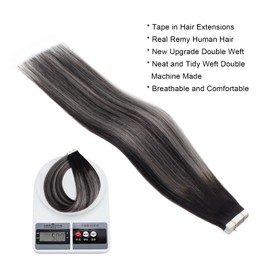 ABH AMAZINGBEAUTY HAIR Tape in Hair Extensions Human Hair Natural Black Mix Silver White Balayage Glue in Remy Hair Extensions Seamless Tape ins Straight Long Real Human Hair 20pcs 50g 18 Inch