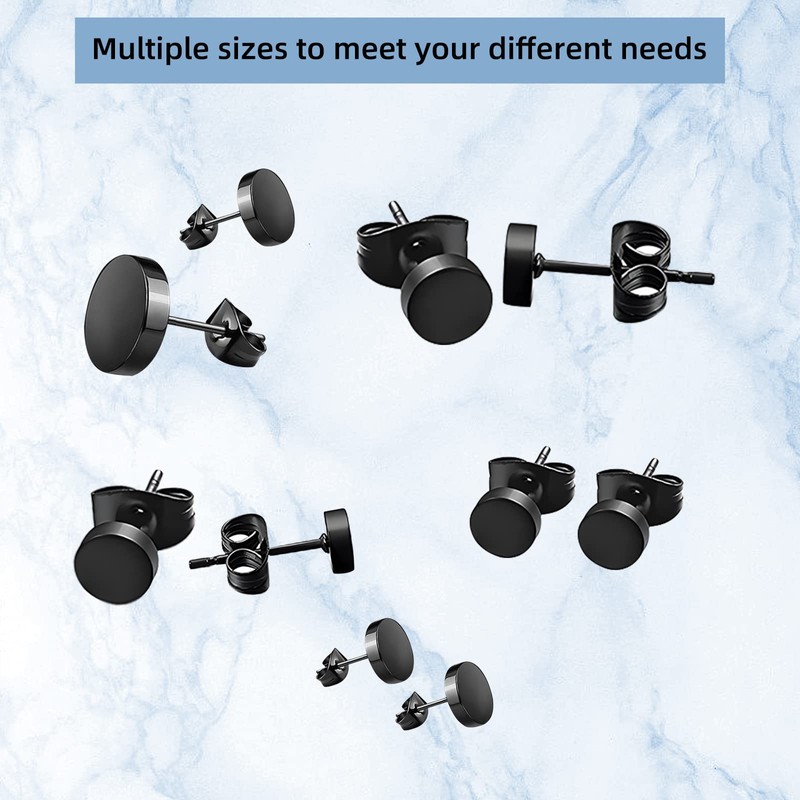 Black Stud Earrings 5 Pairs 4mm-8mm Stainless Steel Round Stud