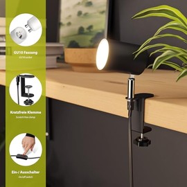 ledscom.de ledscom.de 2 Stck Klemmleuchte WAIKA, Schalter, schwarz matt, inkl. LED GU10 Lampe, 450lm warmwei?