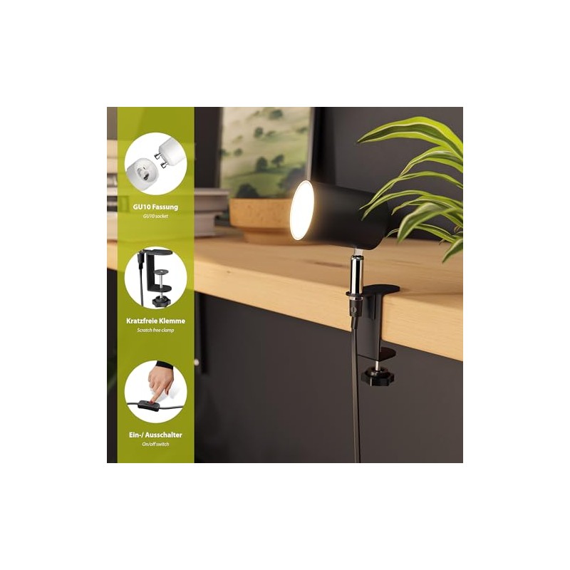 ledscom.de ledscom.de 2 Stck Klemmleuchte WAIKA, Schalter, schwarz matt, inkl.