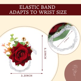 Sherr Set of 12 Rose Wrist Corsages for Wedding Corsage Flower Wristlet Floral Wedding Wrist Flower Bridal Rose Leaf Hand Flowers for Bride Bridesmaid Prom Engagement Festival(Wine Red)
