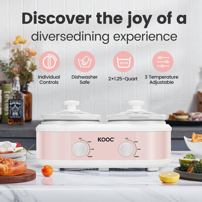 KOOC Double Small Slow Cooker, Buffet Server and Warmer, 2