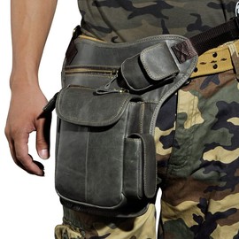 Leather Waist Pack Drop Leg Bag for Men Women Belt Bumbag Multi-Function Motorcycle Bike Outdoor Sports Tactical Cycling Riding Hiking Camping Daypack Deep Gray