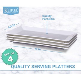 Klikel 4 Serving Platters - Classic White Plate - Serving Trays For Parties - Microwave And Dishwasher Safe - 6.5 X 14 Inch