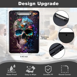 Plastic Clipboard with Storage & Sticky Notes, Portable Clipboard with Pen Holder A4 Clip Board Job Box Writing Board Nursing Clipboard Folio Coaching Clipboard Black, Flower Butterfly Skull