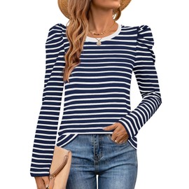 MEROKEETY Women's Puff Long Sleeve Striped Tops Crew Neck 2025 Fall Casual Knit Basic Tee Shirts, Navy, Large