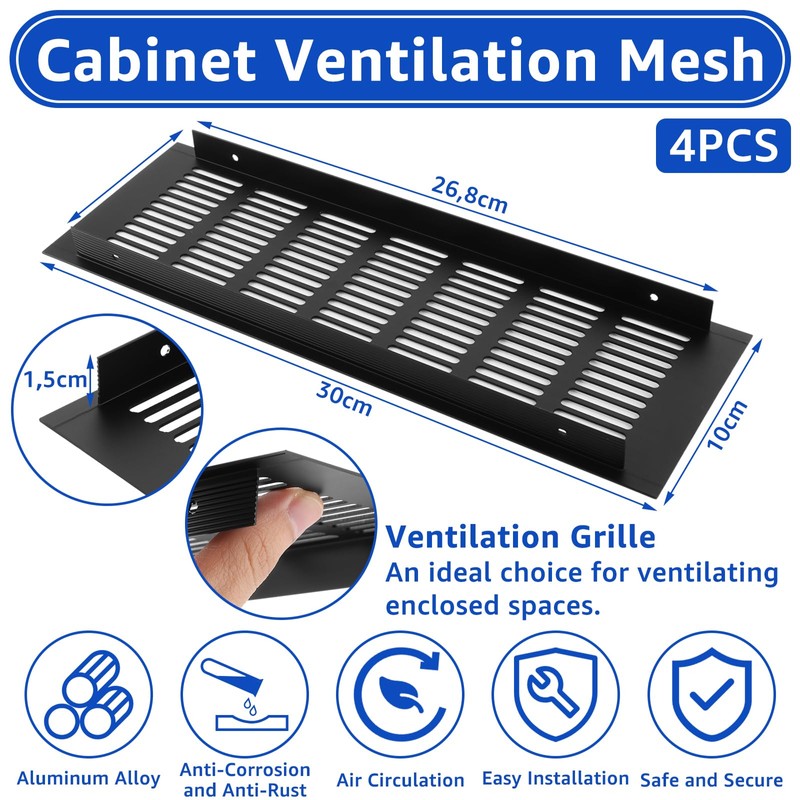 YAYODS Pack of 4 Rectangular Ventilation Grille, Black, 300 x