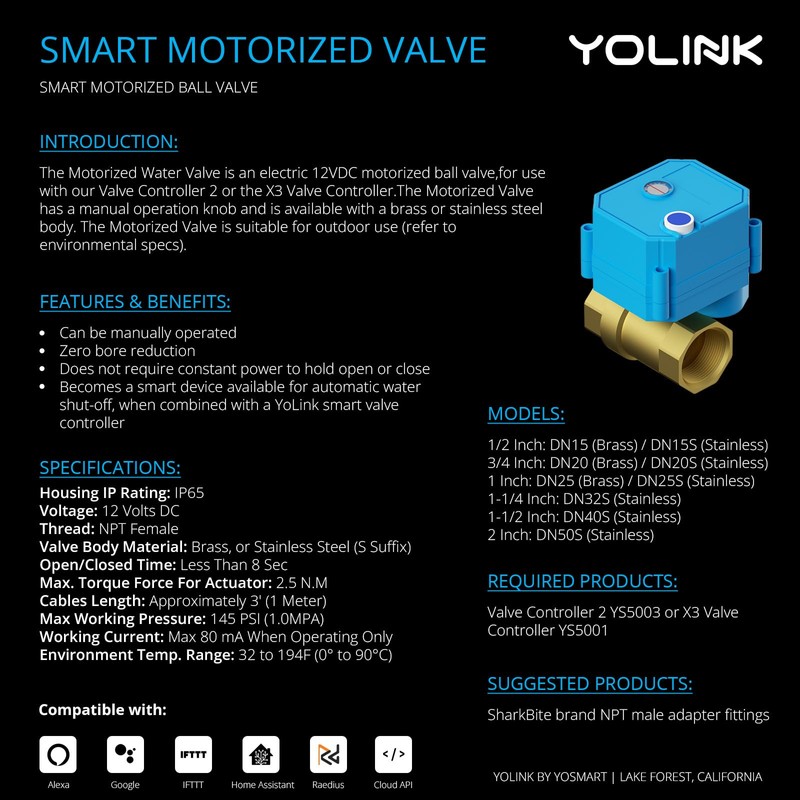 YoLink Wireless Smart Valve Control Kit, 3/4" Brass Motorized Valve,