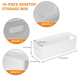 Pack of 10 Storage Boxes, Storage Boxes, Storage Baskets, Plastic, 24.5 x 7.5 cm, for Office, Kitchen, Bathroom, Cosmetics, Children's Room, Cupboard