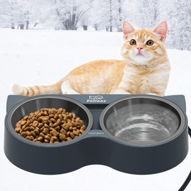 Fuliuna Heated Cat Bowl, Outdoor Heated Pet Bowl with Double Stainless Steel Bowl 23 OZ, Heated Water Food Bowl for Cat Pet, Thermal Pet Bowl Provide Drinkable Water and Hot Food in Winter