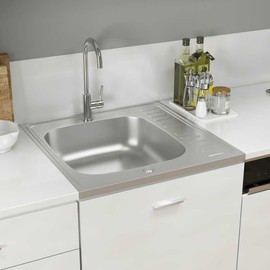 Heemab Stainless Steel Kitchen Sink with Drainer Set, Top Mounted, Reversible Design, Silver, 23.6" x 23.6" x 6.1"