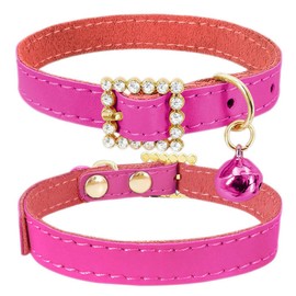 Hot Pink Dog Collars with Bell, Diamond Buckle Bling Puppy Collar Soft Cown Leather Female Kitten Collars with Bells for XXS XS Small Tiny Girl Dogs Pet Cats, XXSmall