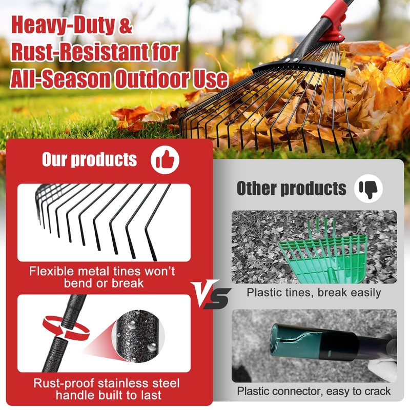 Adjustable Garden Leaf Rake - 58" Heavy Duty Metal Leaves