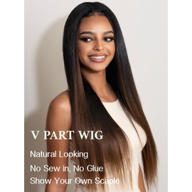 Julia Hair V Part Yaki Glueless Human Hair Wig Seamless Edge Clip in Half Wig Vpart Wig No Sew in No Glue Ombre Chestnut Brown Upgrade U Part No Leave Out Beginner Friendly 24 Inch