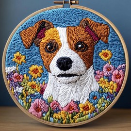 DIY Punch Needle Kits Jack Russell Dog in Flowers Easy for Beginners Punch Needle Embroidery Set with Hoop Stamped Pattern for Craft Lovers and Home Decor-2