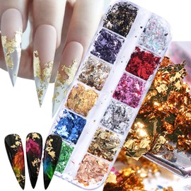 Vezocim Holographic Nail Glitter Foils, 12 Colors Sparkly Ultra-Thin Aluminum Foil Nail Art Flakes Design, Laser Nail Sequins Acrylic Supplies for Women Girls Manicure Charms Decorations, DIY 3D Nail Art Tips