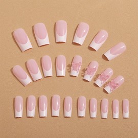 24Pcs French Tip Press on Nails Medium Length Almond Fake Nails Bow Charms Stick on Nails with White Nail Tips Designs Nude Color Acrylic Nails for Women Girls Fashion Daily Wear Manicure