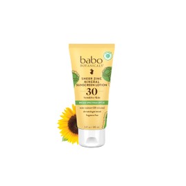 Babo Botanicals Zinc Sunscreen Lotion SPF 30 with 100% Mineral Actives, Non-Greasy, Water-Resistant, Fragrance-Free, Vegan, For Babies, Kids or Sensitive Skin, Clear, 3 Fl Oz