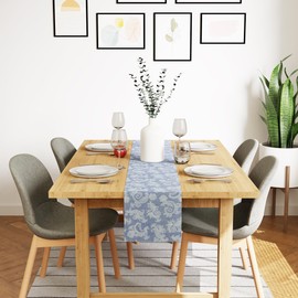 Encasa Dining Table Runner for 4 Seaters, Size 32 x 150 cm, Floral Blue Jacquard Style Print on Homespun Cotton, Quick Colours, Machine Washable