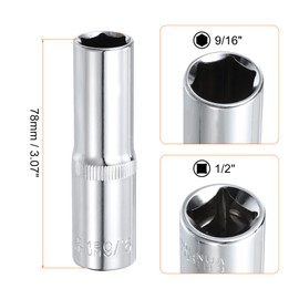 HARFINGTON 6-Point Socket 1/2" Drive by 9/16" SAE 3.07" Length Deep Socket CR-V Square Drive Sockets Mirror Polished Chrome Socket Hand Tool for Car Repair Mechanical Maintenance