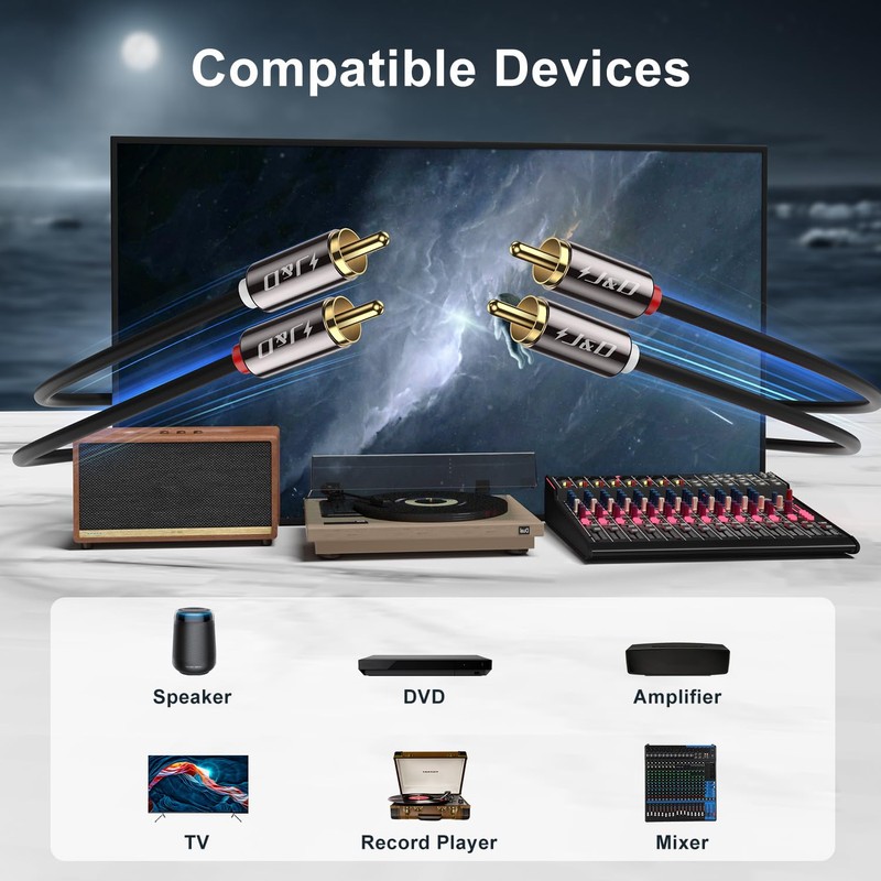 J&D RCA Cable, Gold-Plated 2RCA Male to 2RCA Male Copper