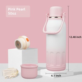 Insulated Water Bottle with Handle and Strap,Vacuum Travel Tumbler with Cup Lid,Thermo Coffee Cup for Hot Cold Drinks 50 OZ,Pink Pearl