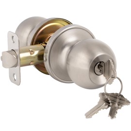 HOSOM Entry Door Knob with Lock and Key, Exterior and Interior Door Lock for Front Door Commercial and Residential Area, Entry Door Handle for Bedroom and Bathroom, Satin Nickel, 1 Pack